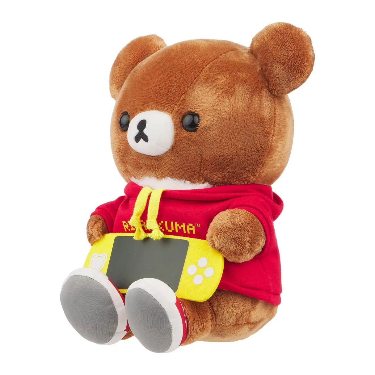 Rilakkuma Plüschtier mit rotem Hoodie und gelbem Handheld-Spielgerät