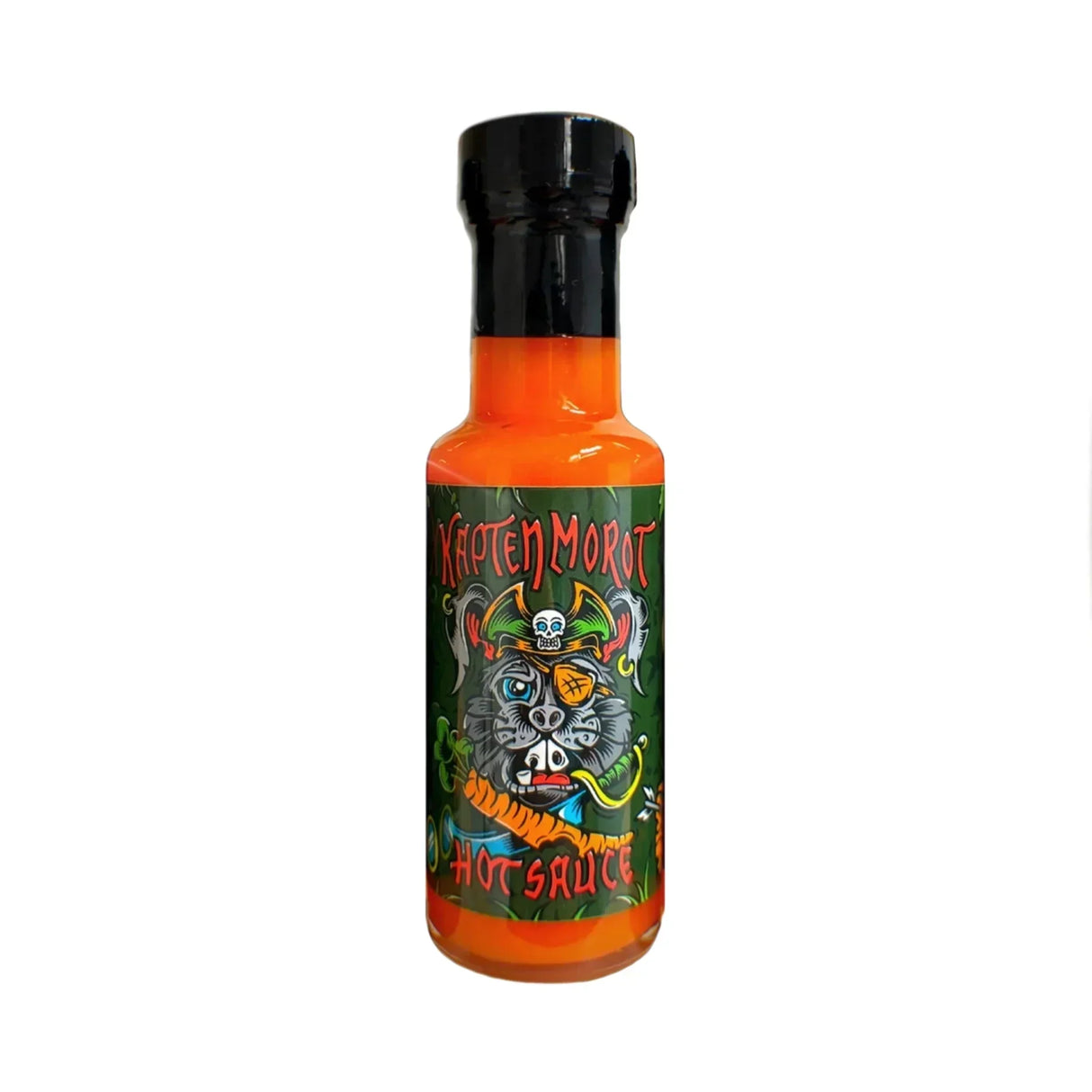 Kapten Morot Hot Sauce Flasche mit Piraten-Kaninchen-Etikett