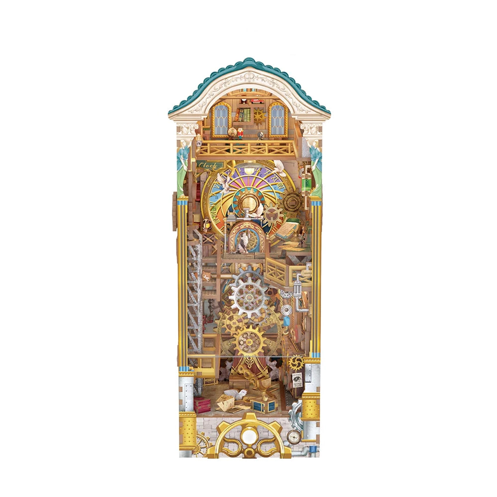 Holzmodell einer Standuhr mit sichtbarem Uhrwerk und Zahnrädern