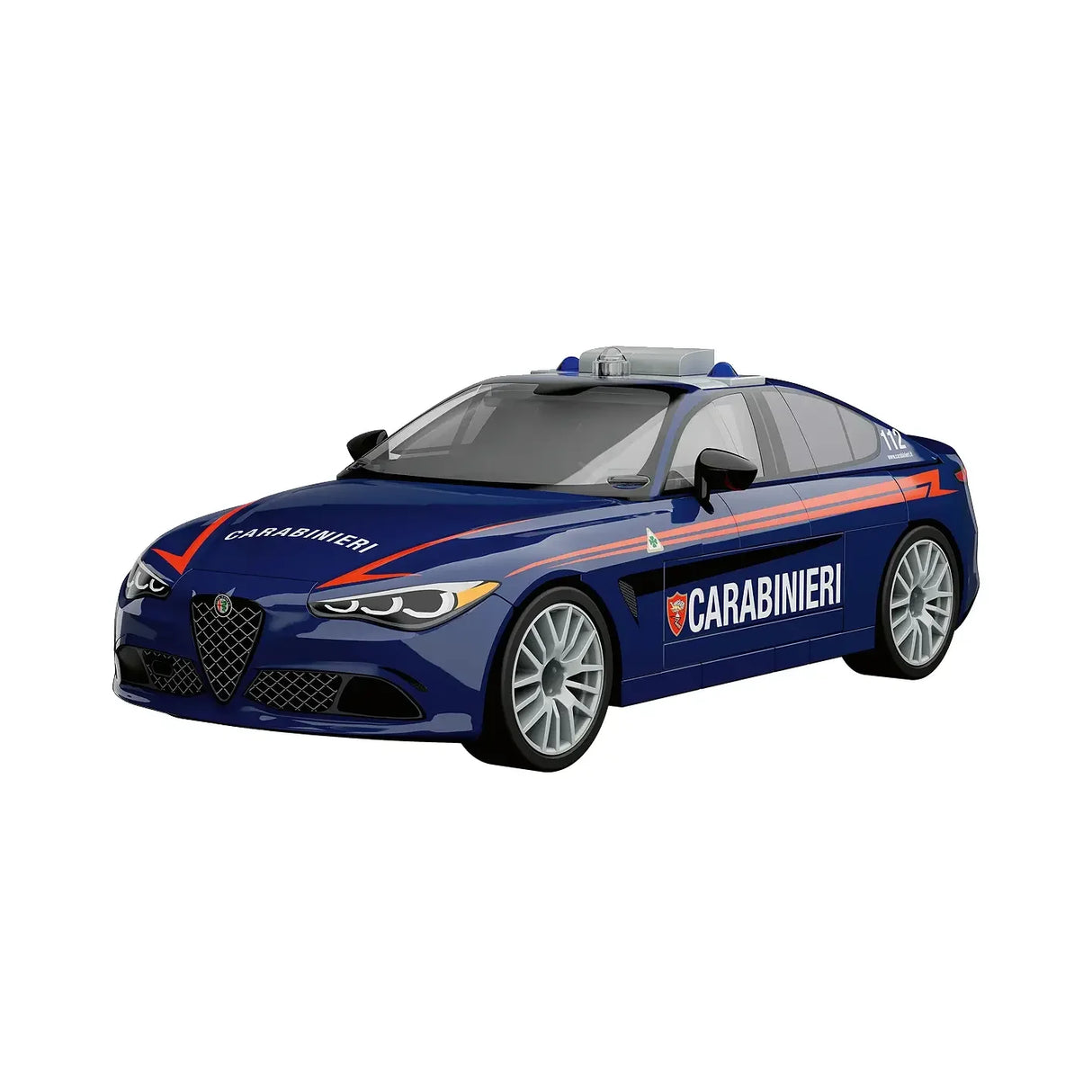 Blaues Alfa Romeo Carabinieri Polizeiauto mit roten Streifen und Sirenen auf dem Dach