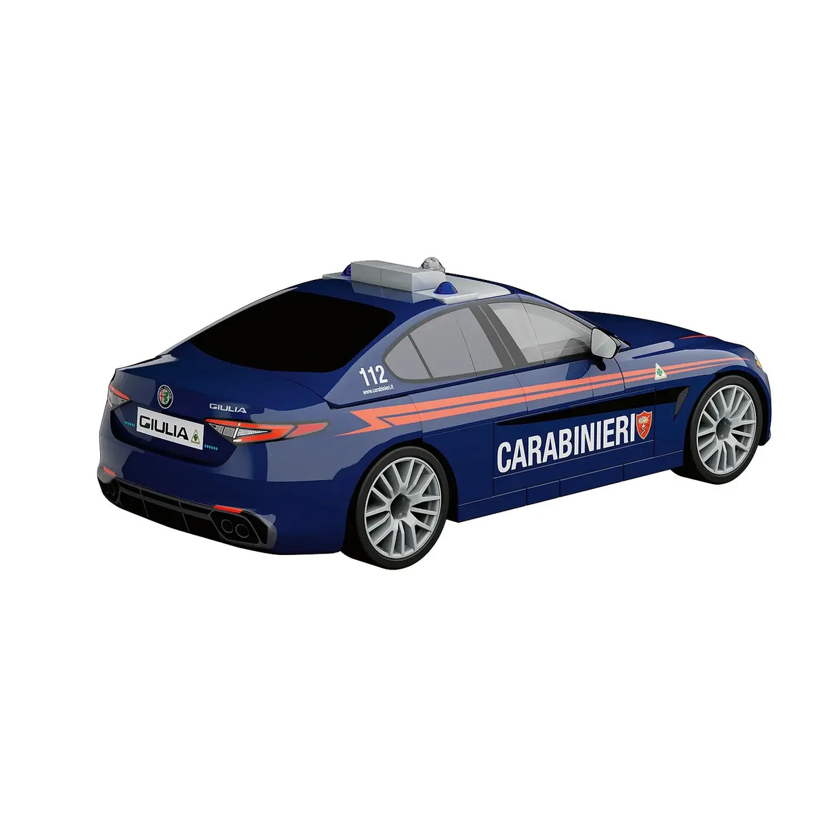 Blaues Spielzeugauto mit Carabinieri-Aufschrift und orangen Streifen