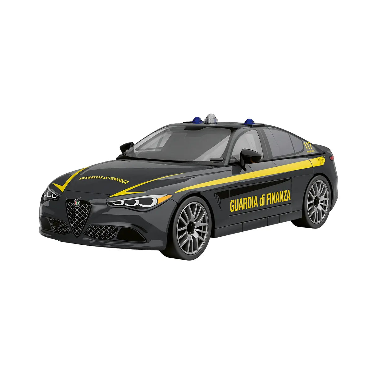 Schwarzes Spielzeugauto mit gelben Streifen und der Aufschrift Guardia di Finanza