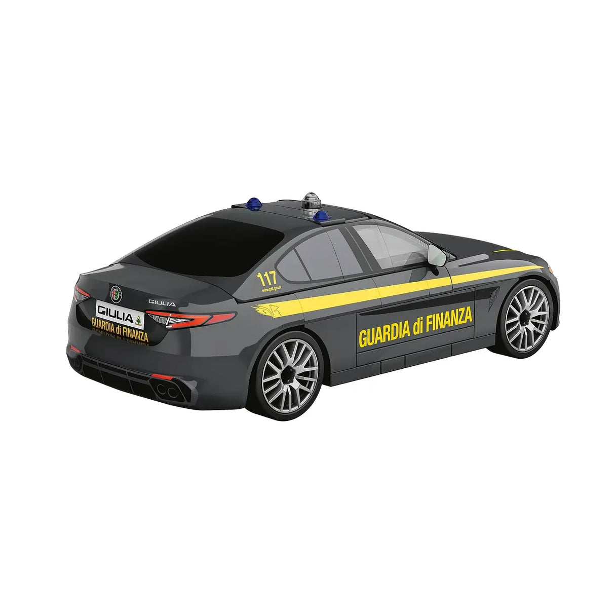 Graues Spielzeugauto der Guardia di Finanza mit gelben Streifen und blauen Lichtern