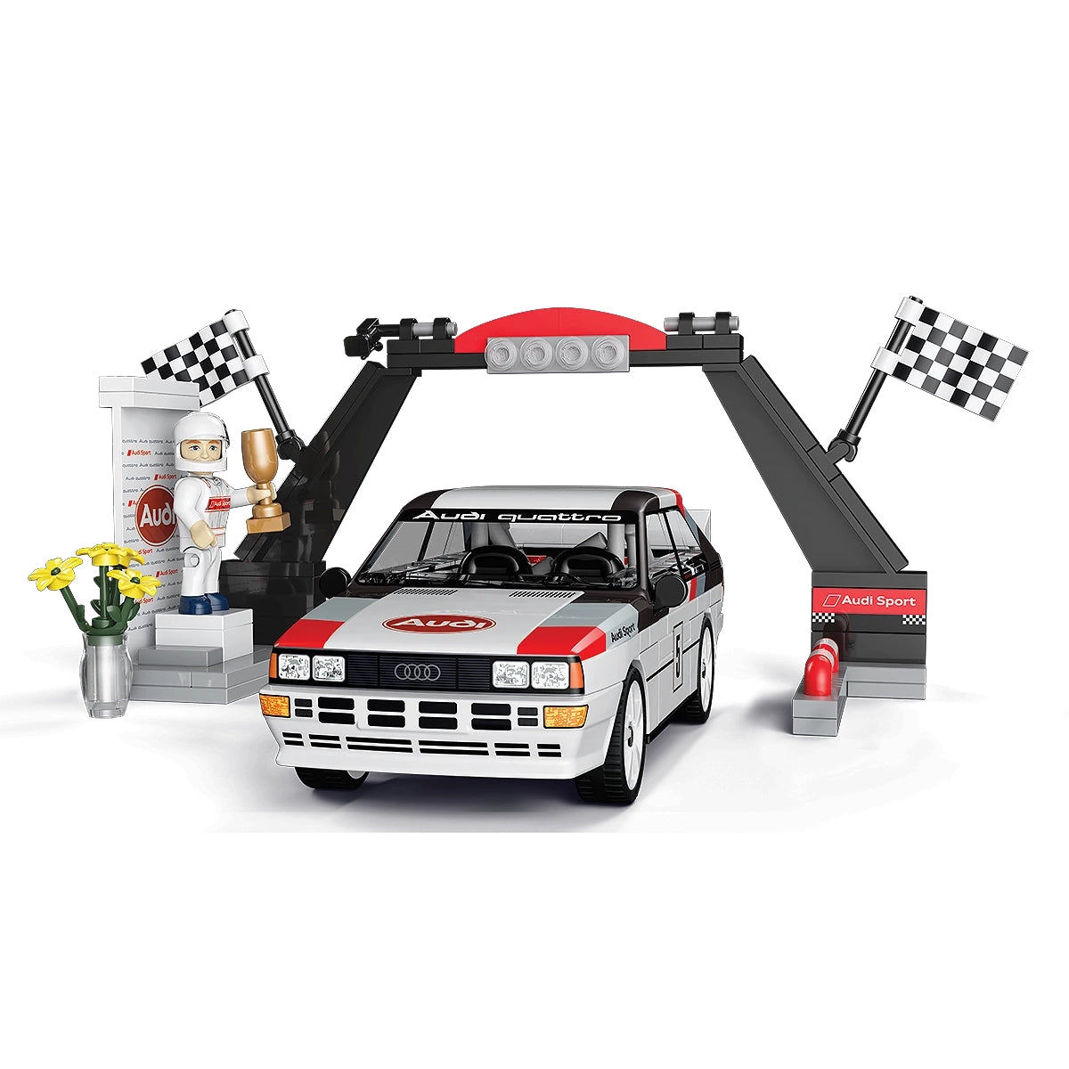Audi Sport Quattro S1 Bausatz mit Rennfahrerfigur und Ziellinie