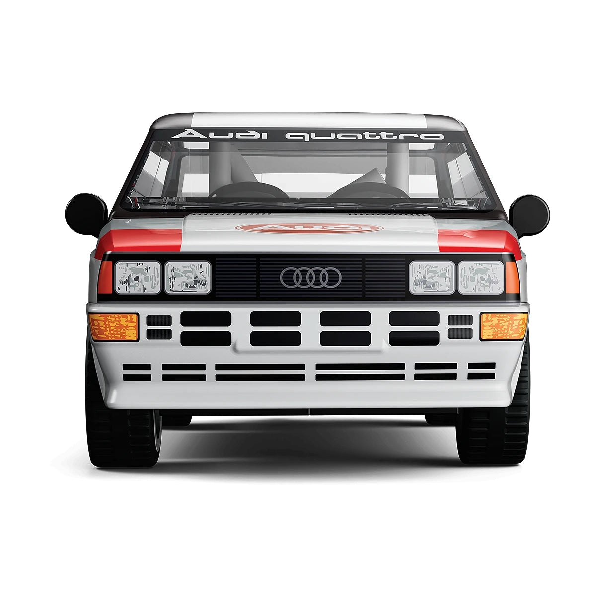 Vorderansicht eines weißen Audi Quattro mit roten und schwarzen Streifen