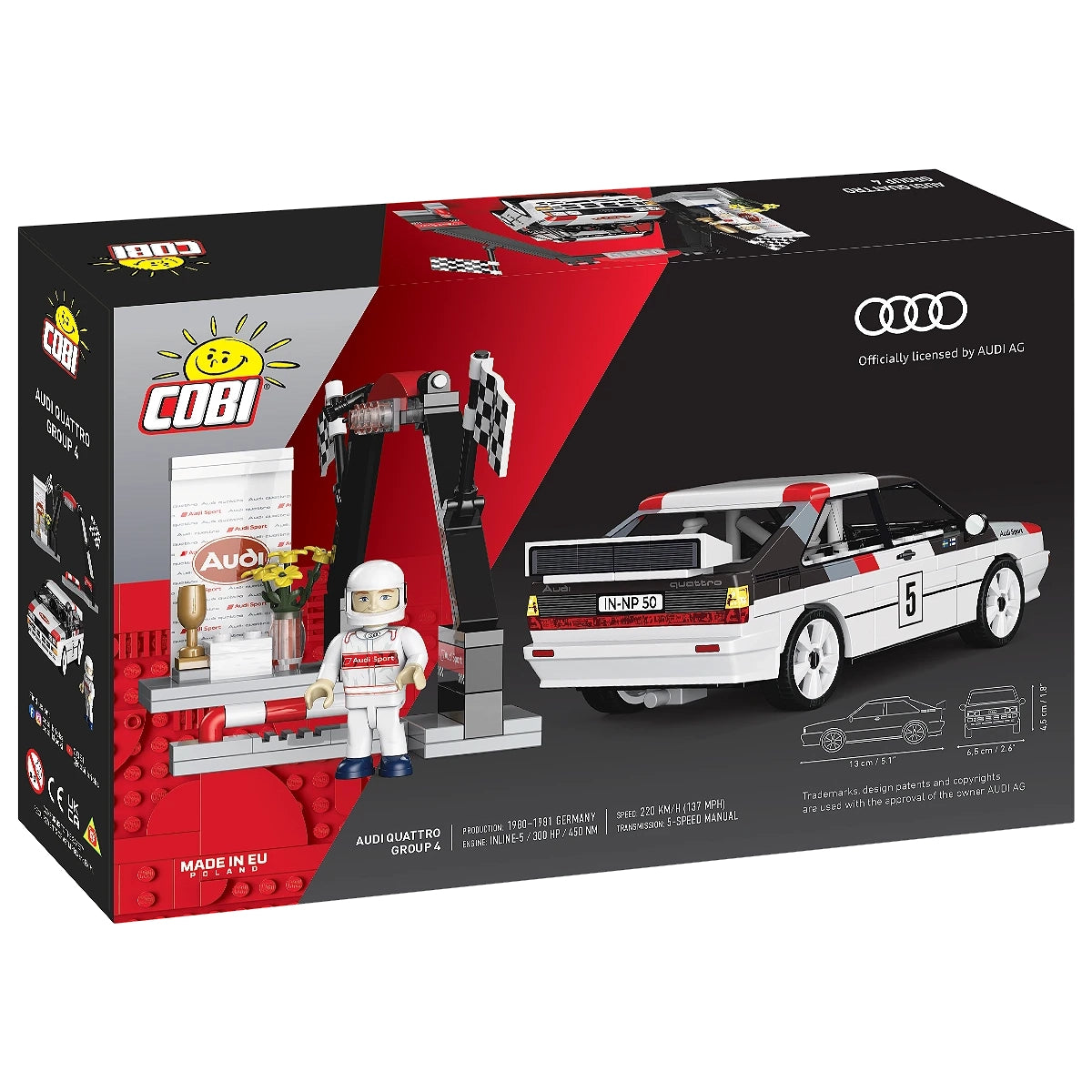 Cobi Baukasten Audi Quattro Gruppe 4 mit Rennfahrerfigur und Ziellinie