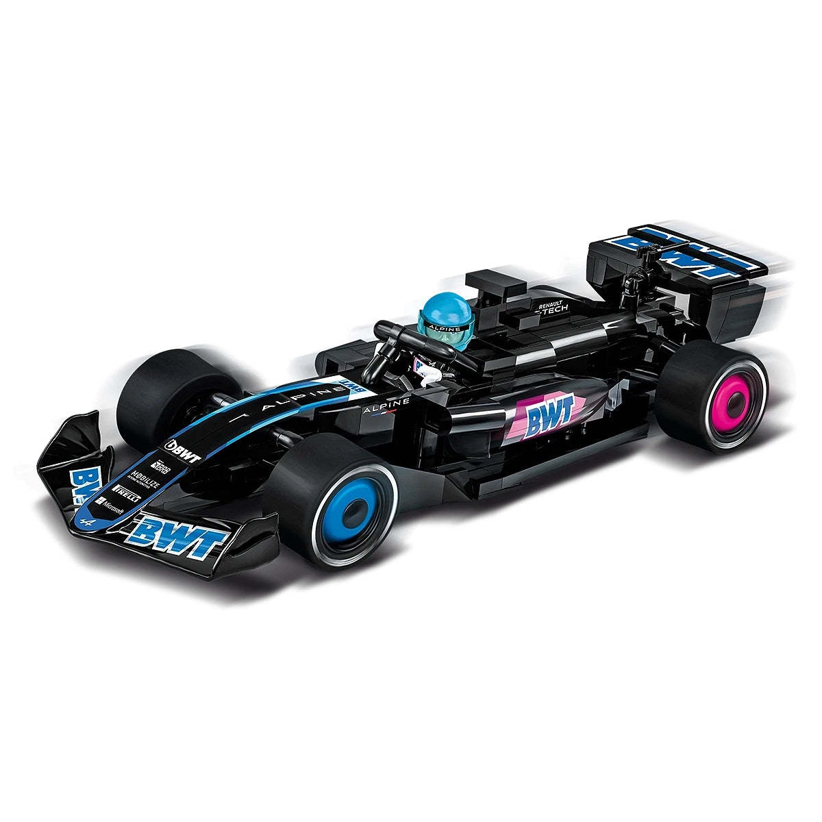 Schwarzes Formel-1-Auto mit blauen und pinken Akzenten und einem blauen Helm auf weißem Hintergrund