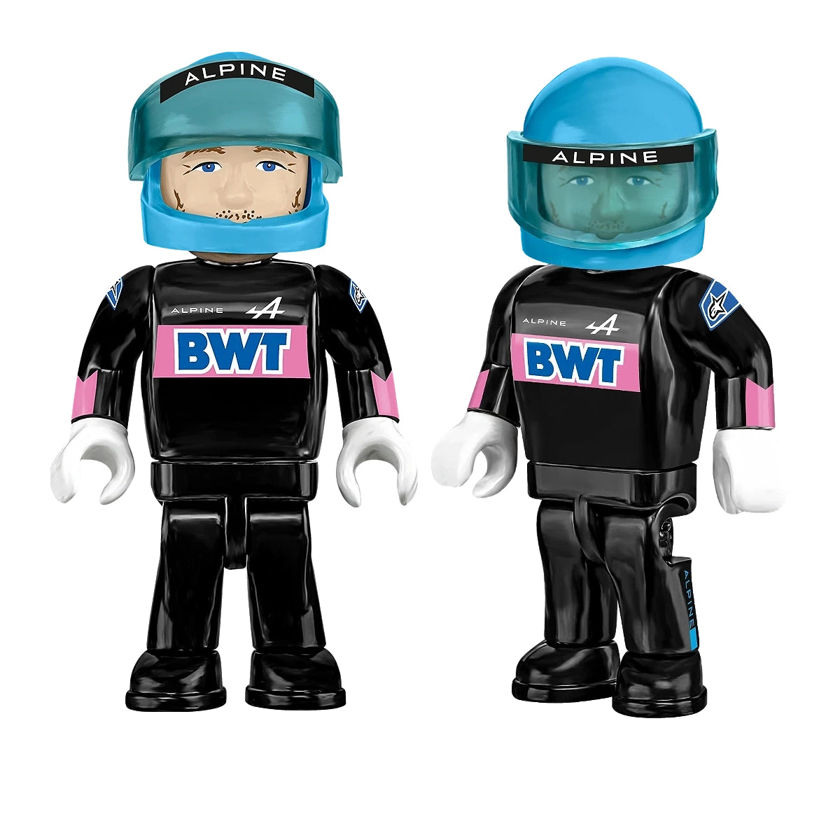 Zwei Alpine F1 Team BWT Rennfahrer-Figuren in schwarzen Anzügen mit rosa und blauen Akzenten