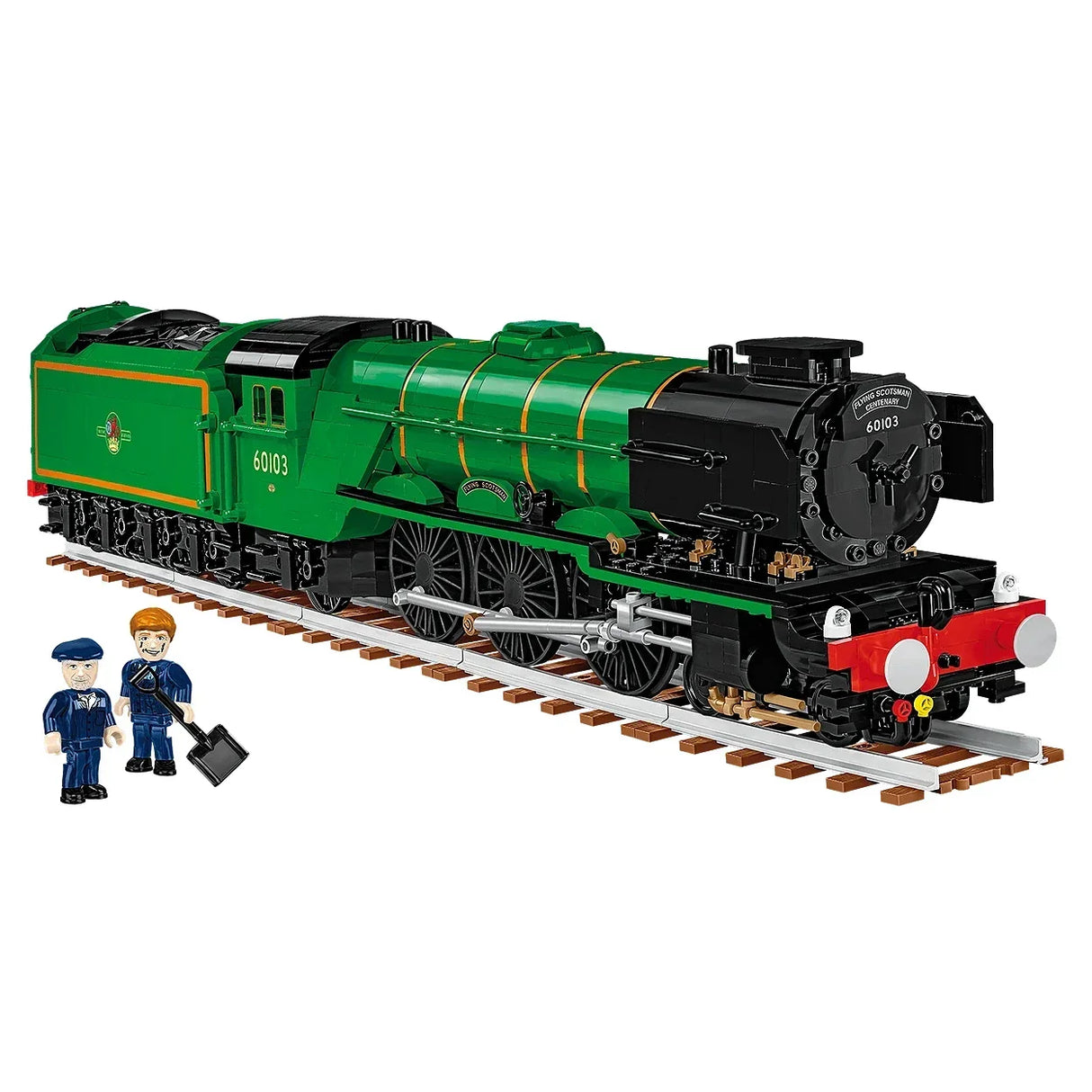 Grüne Dampflokomotive mit der Nummer 60103 auf Schienen, daneben zwei Figuren, eine mit Schaufel