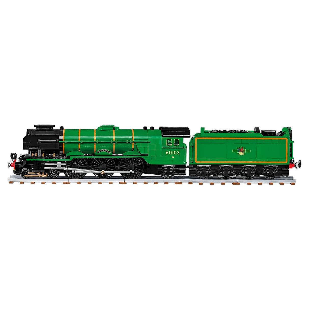 Grüne Dampflokomotive mit gelben Streifen und der Nummer 60103 auf Schienen