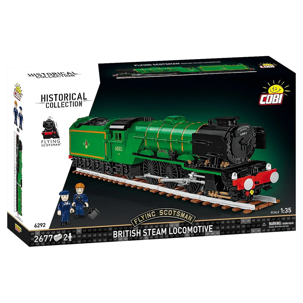 Cobi Bausatz der Flying Scotsman Dampflokomotive mit zwei Figuren auf der Verpackung