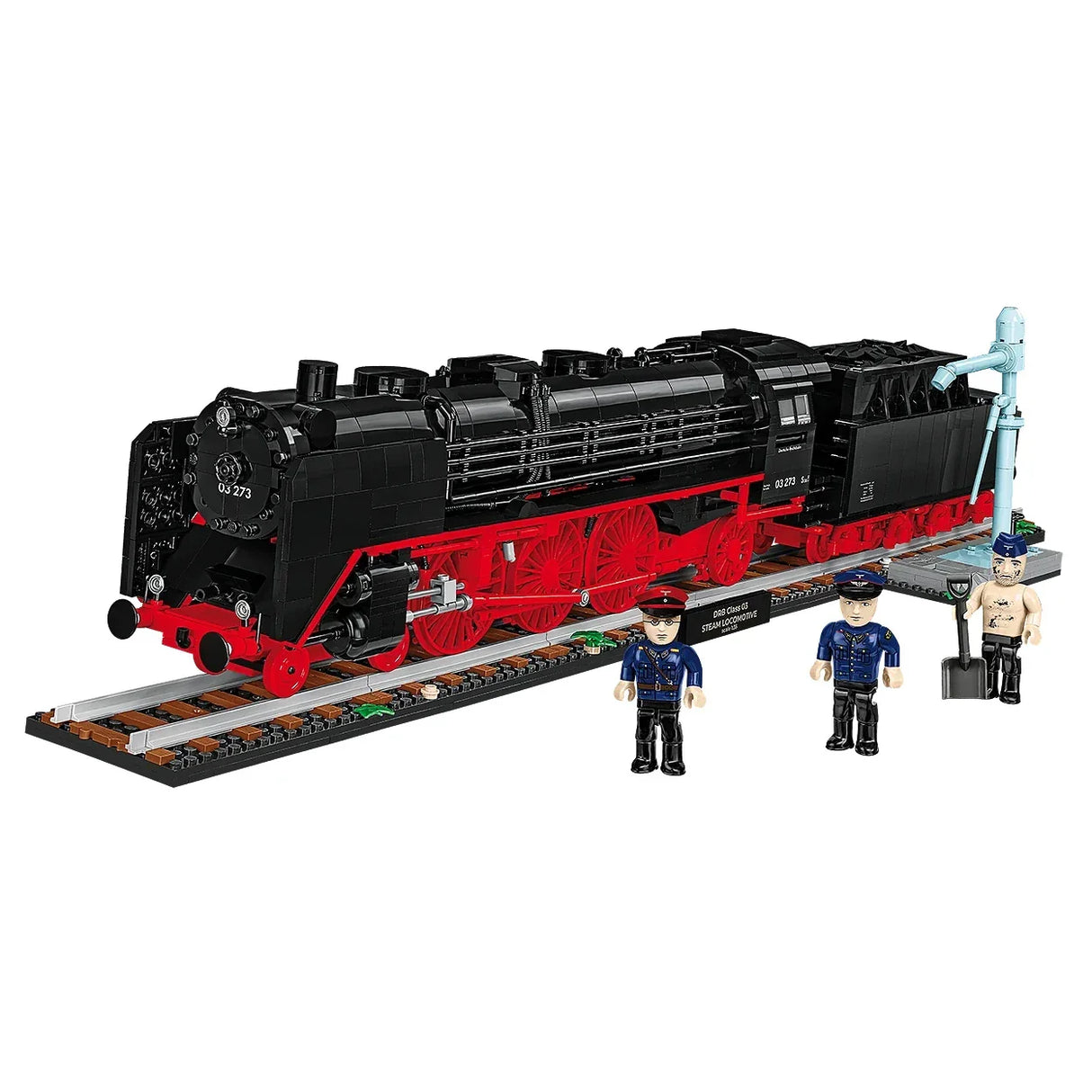 Schwarze Dampflokomotive mit roten Rädern auf Schienen mit drei Figuren