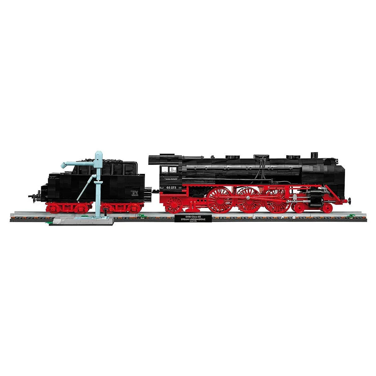 Modell einer schwarzen Dampflokomotive mit roten Rädern und einem blauen Wasserturm auf Schienen
