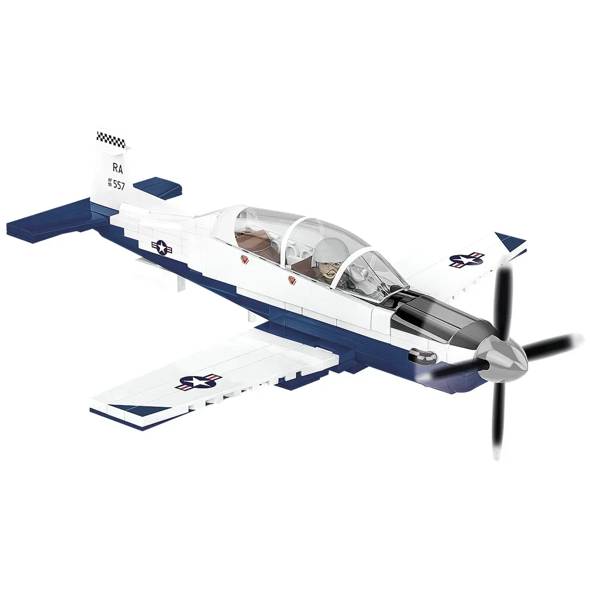 Modellflugzeug in Weiß und Blau mit Propeller und Cockpit