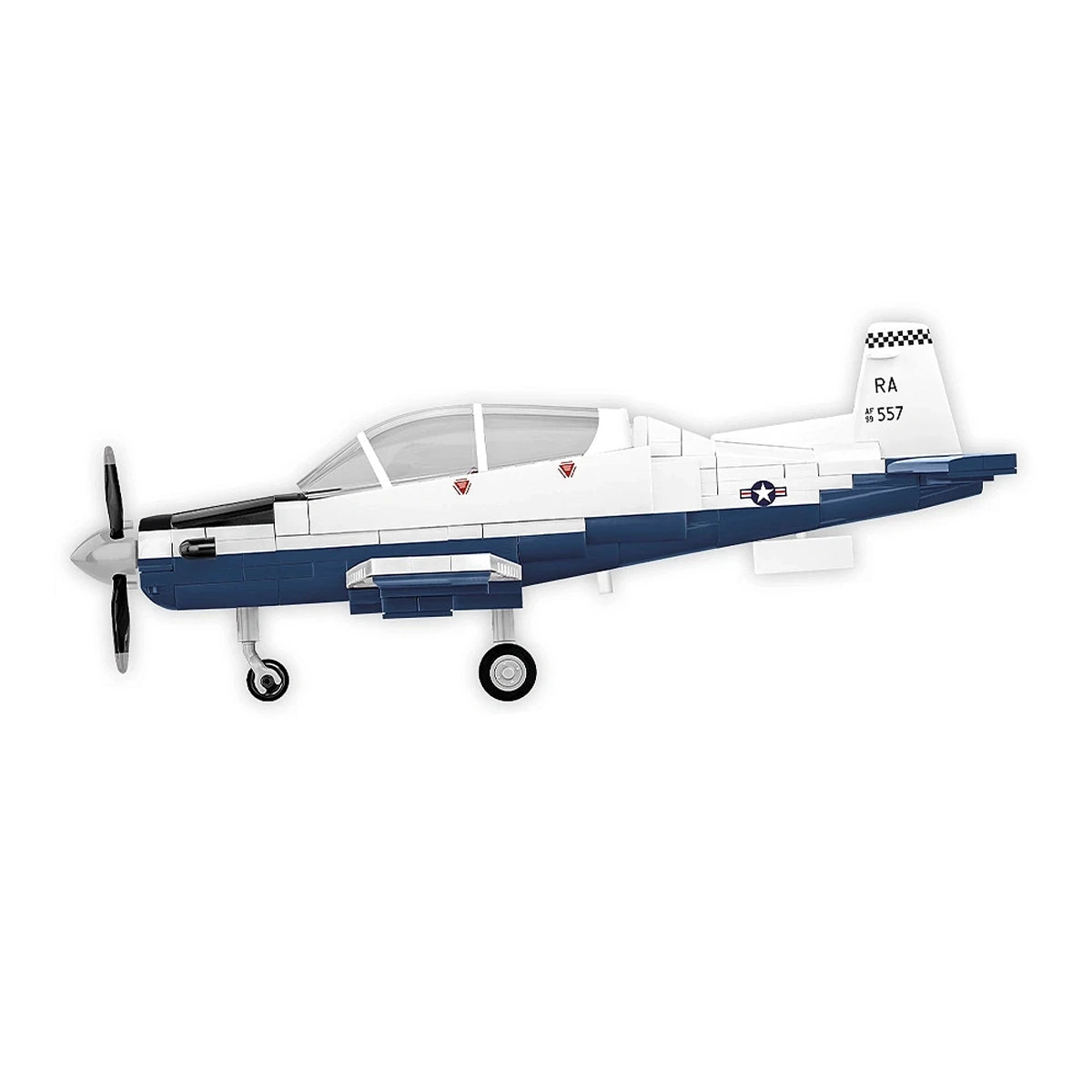 Modellflugzeug in Blau und Weiß mit Propeller und Fahrwerk