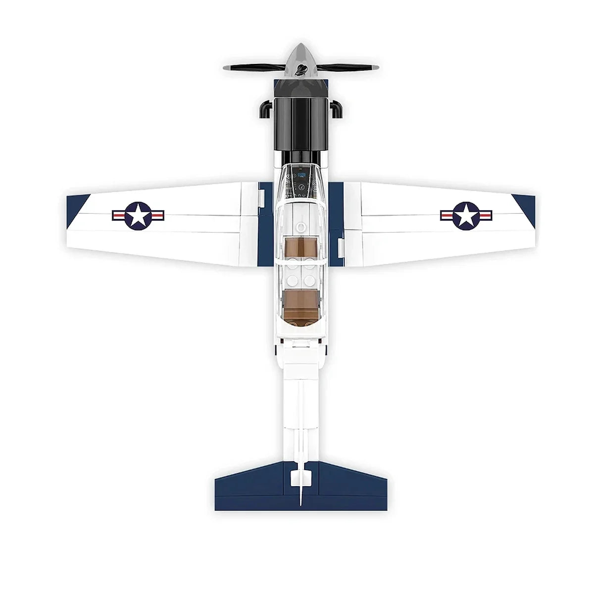 Modellflugzeug in Weiß und Blau mit Propeller und US-Luftwaffen-Emblem auf den Flügeln