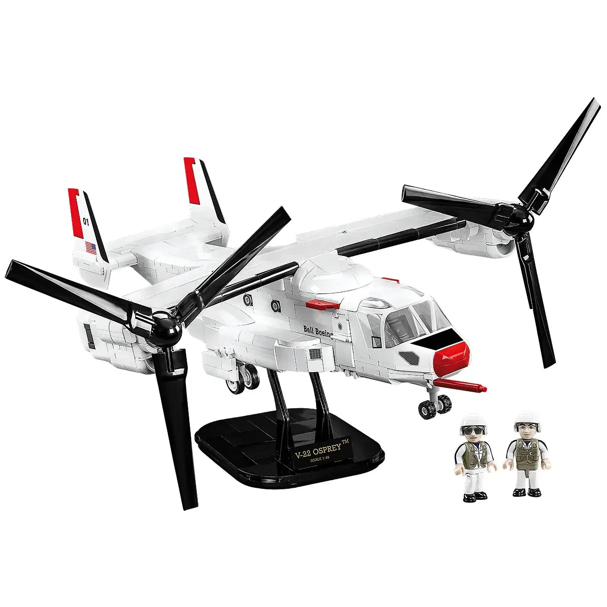 Weißes V-22 Osprey Modellflugzeug mit roten Akzenten und zwei Figuren