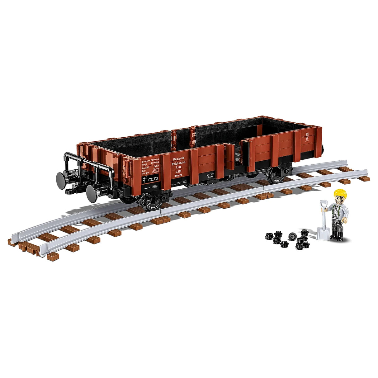 Brauner Güterwagen auf Schienen mit Bauarbeiterfigur und Schaufel