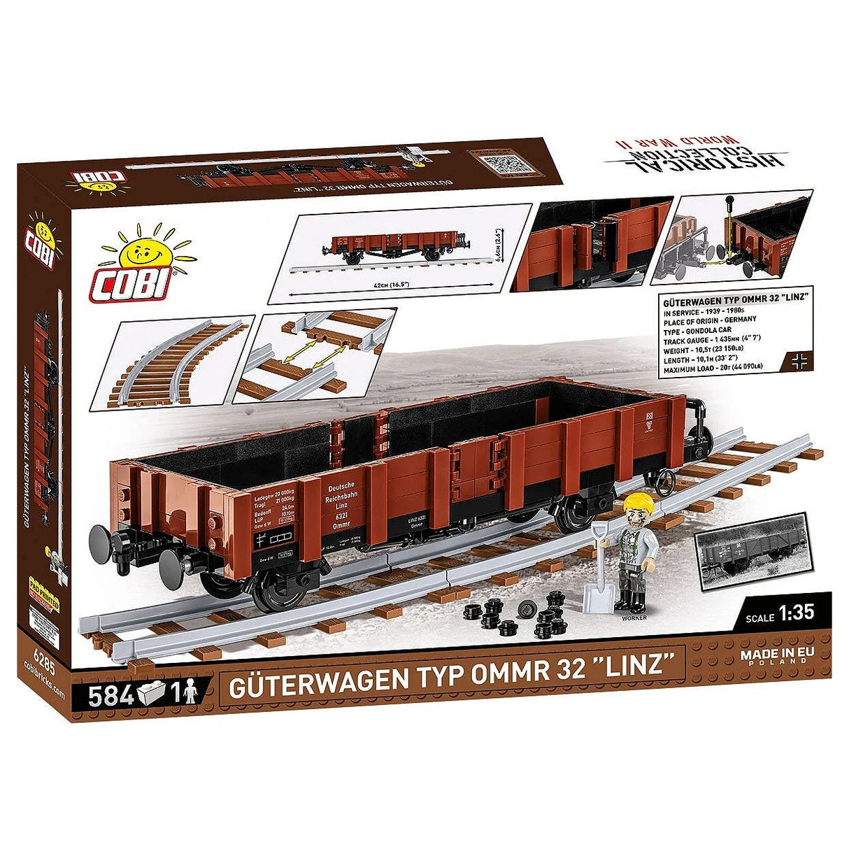 Cobi Güterwagen Typ OMMR 32 Linz Bausatz mit Schienen und Arbeiterfigur