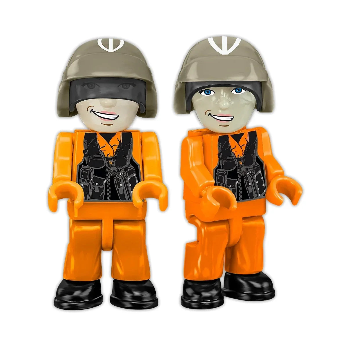 Zwei orangefarbene Lego-Figuren mit grauen Helmen und schwarzen Westen