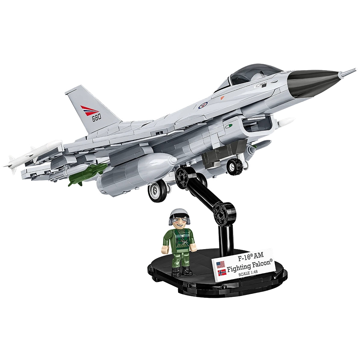 Modell eines F-16 AM Fighting Falcon Flugzeugs mit Pilotenfigur auf einem Ständer
