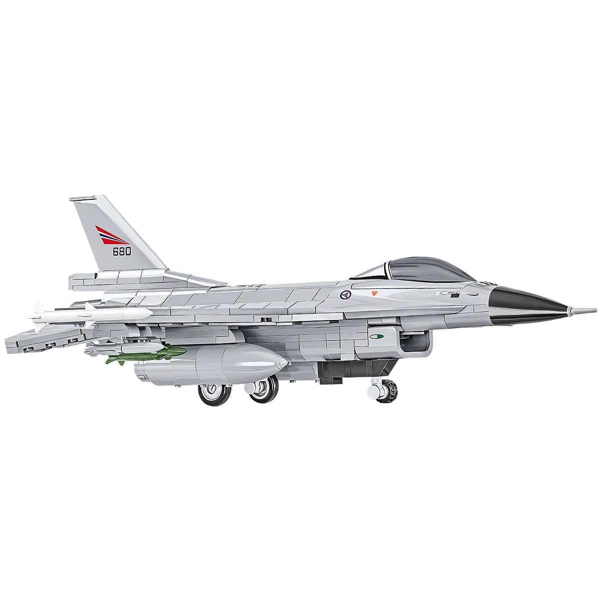 Graues F-16 Kampfflugzeugmodell mit norwegischer Flagge und der Nummer 680 auf dem Heck