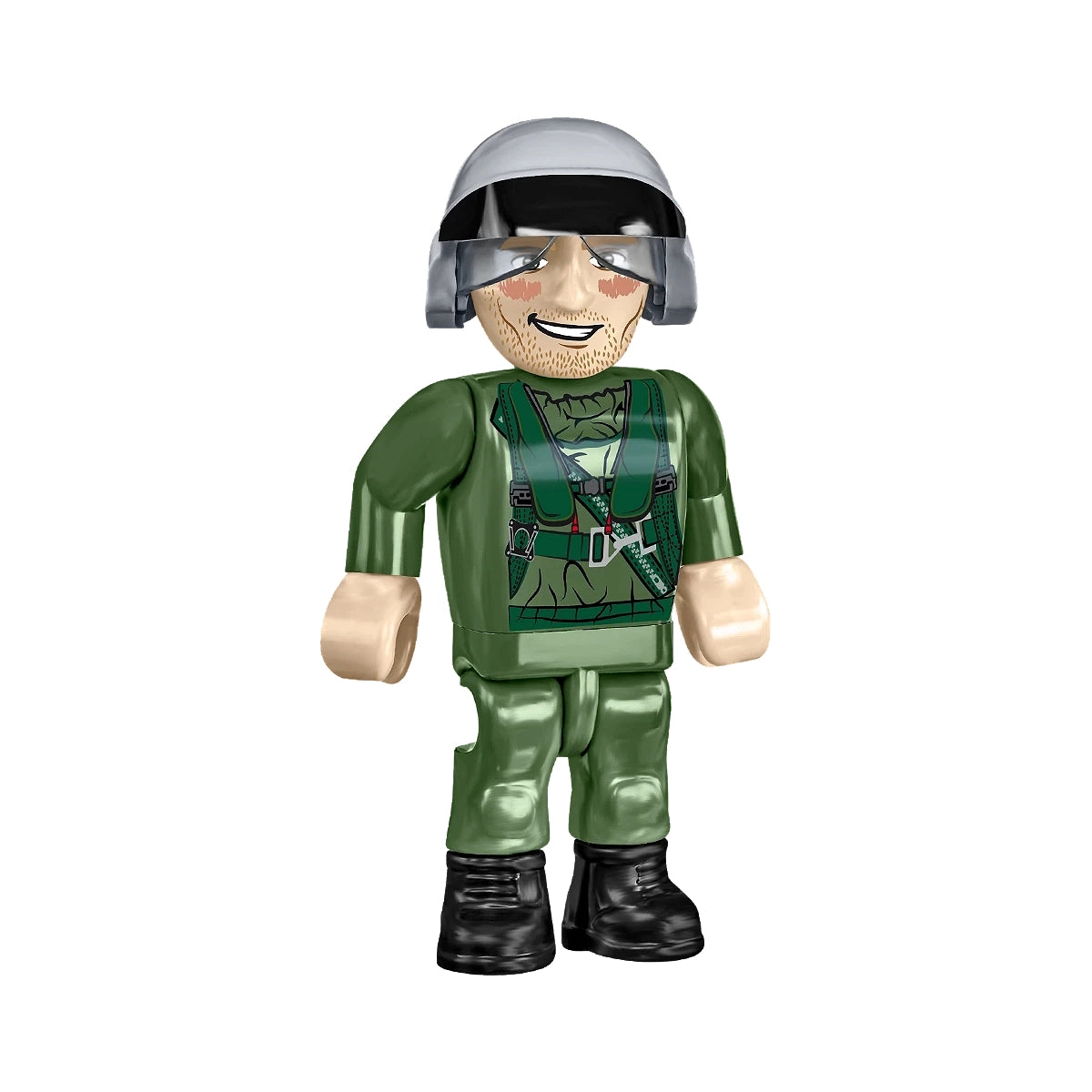 Männliche Pilotenfigur mit Helm und Visier, grüner Uniform und schwarzem Gurtzeug