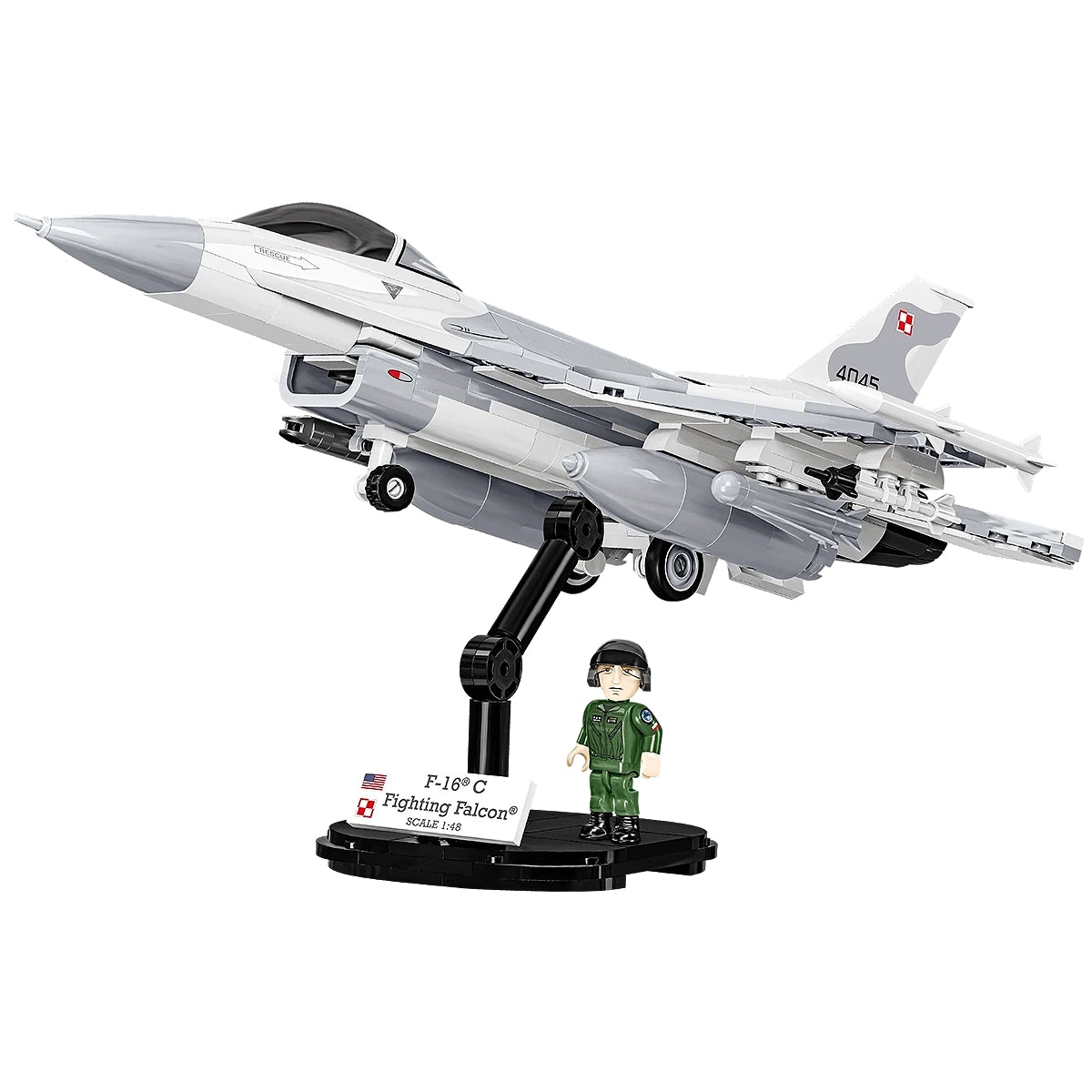 Modell eines F-16C Fighting Falcon Flugzeugs auf einem Ständer mit einer Pilotenfigur