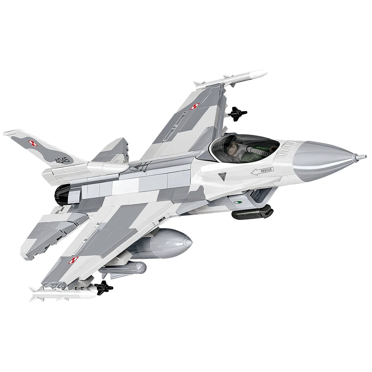 Modell eines F-16 Kampfjets in Grau und Weiß mit Raketen