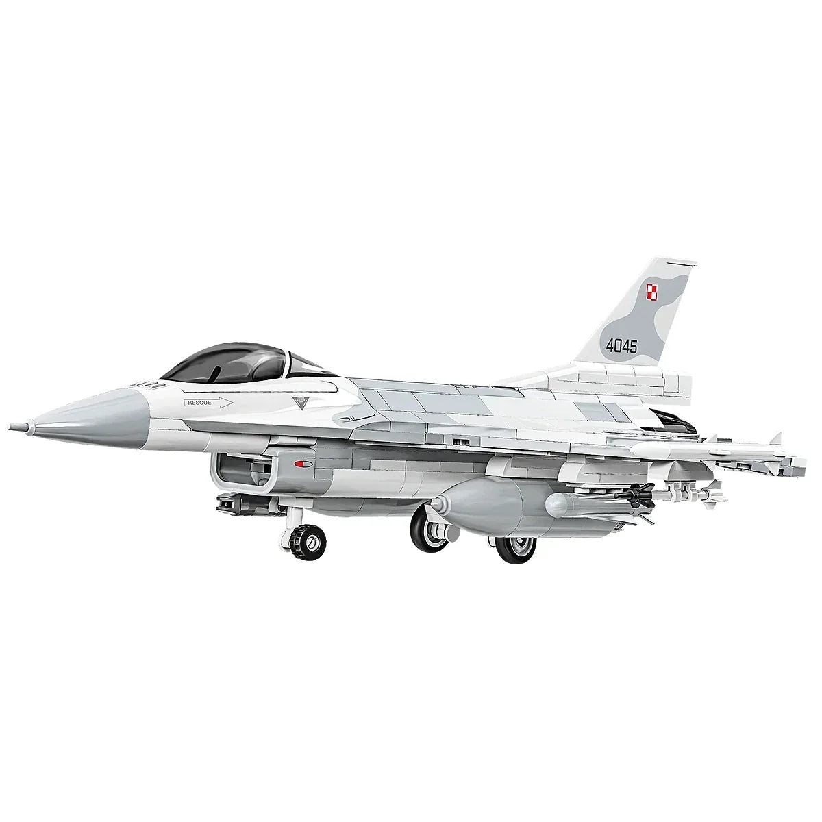 Modell eines F-16 Kampfjets in Grau und Weiß mit polnischen Hoheitszeichen und der Nummer 4045