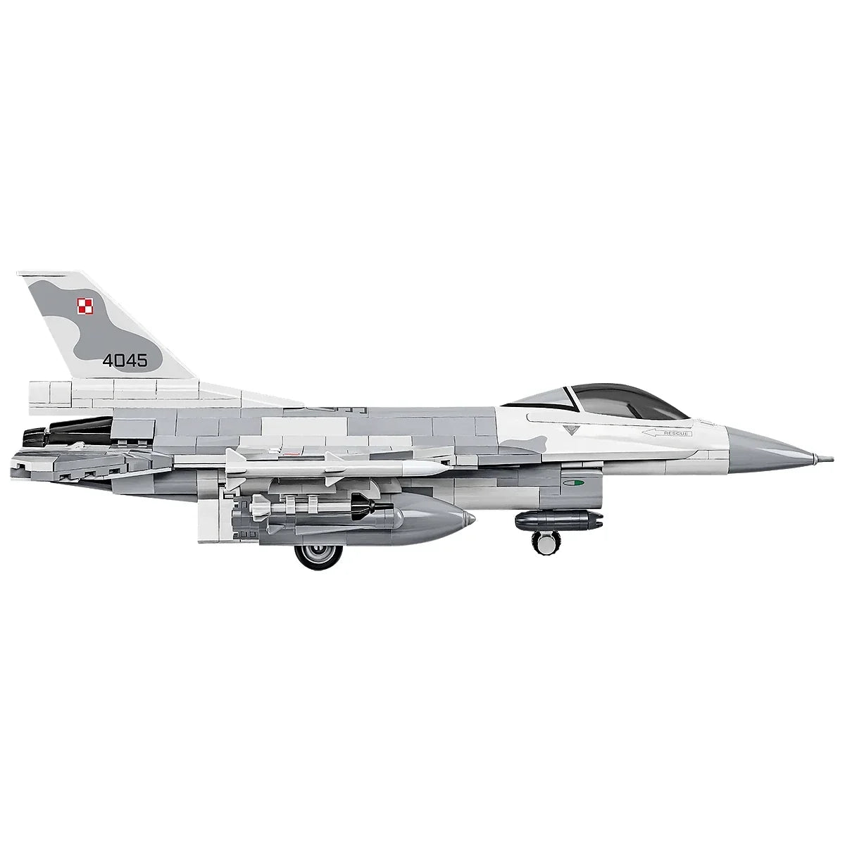 Graues und weißes Modell eines F-16 Kampfflugzeugs mit polnischen Markierungen