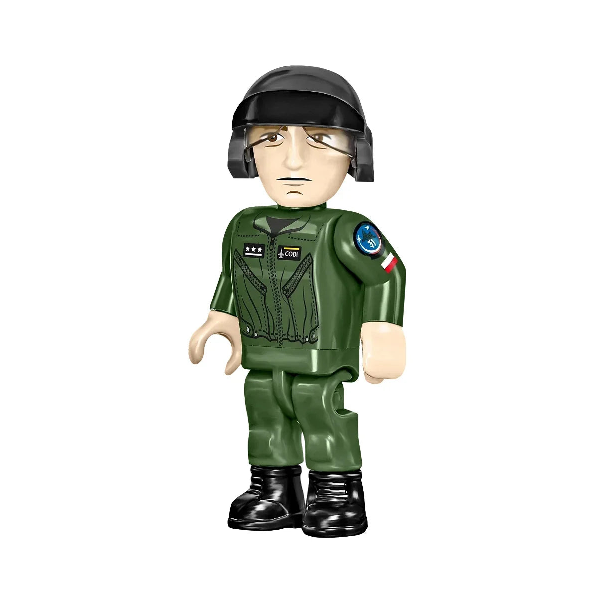 COBI-Minifigur eines Piloten in grünem Overall und schwarzem Helm