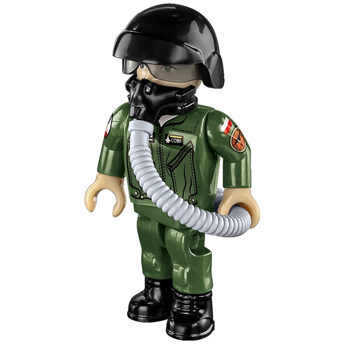 Cobi Minifigur eines Piloten in grünem Overall mit schwarzem Helm und Sauerstoffmaske