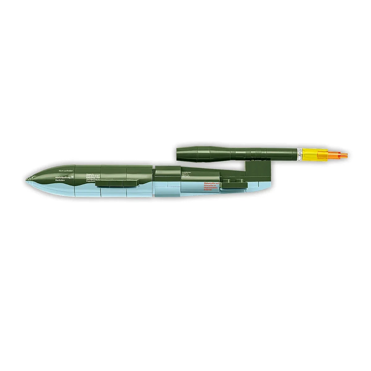 Modell einer V2-Rakete in Grün und Hellblau mit gelber und oranger Spitze