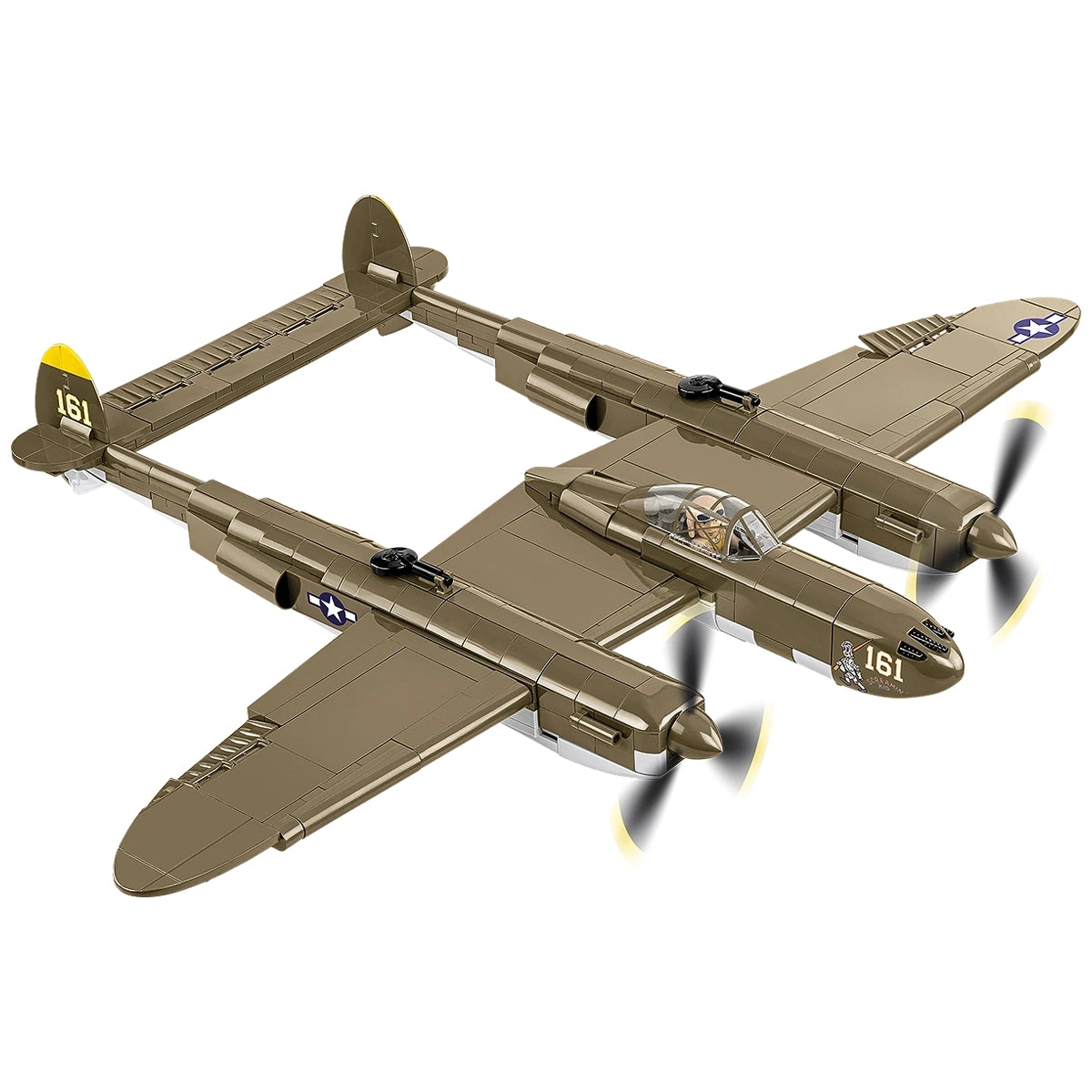 Modell eines P-38 Lightning Flugzeugs in Olivgrün mit Propellern und der Nummer 161 auf dem Heck