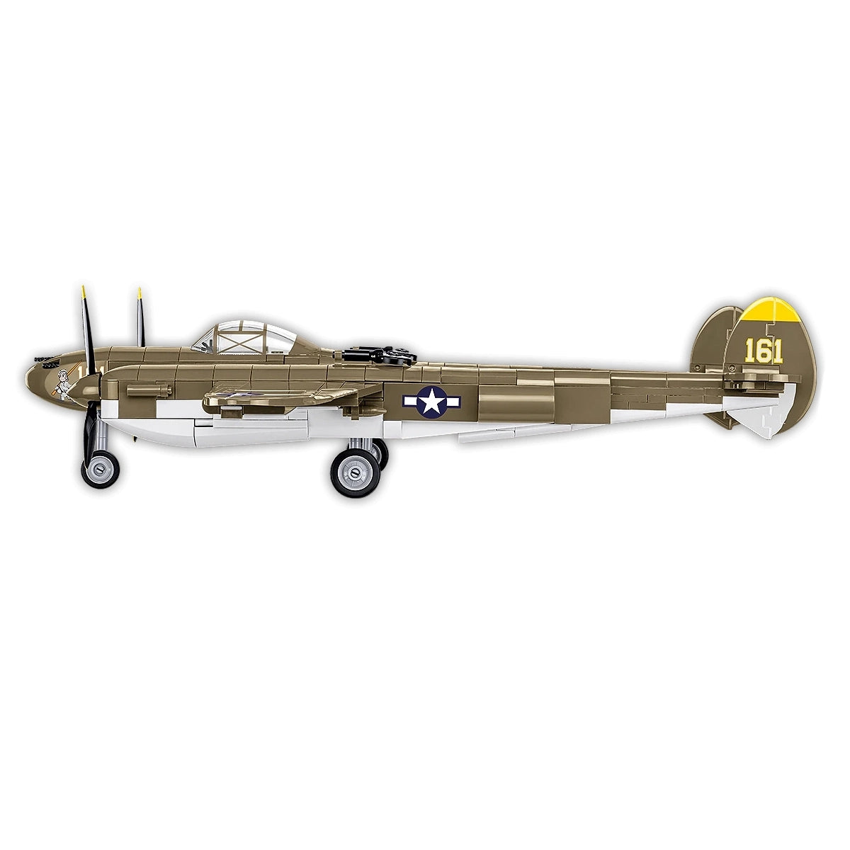 Modell eines P-38 Lightning Flugzeugs in Olivgrün und Weiß mit Propellern und Fahrwerk