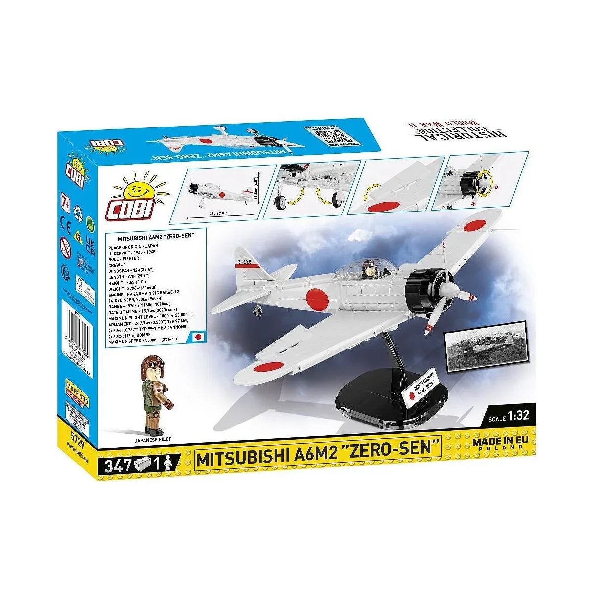 COBI Mitsubishi A6M2 Zero-Sen Baukasten mit Flugzeugmodell und Pilotfigur