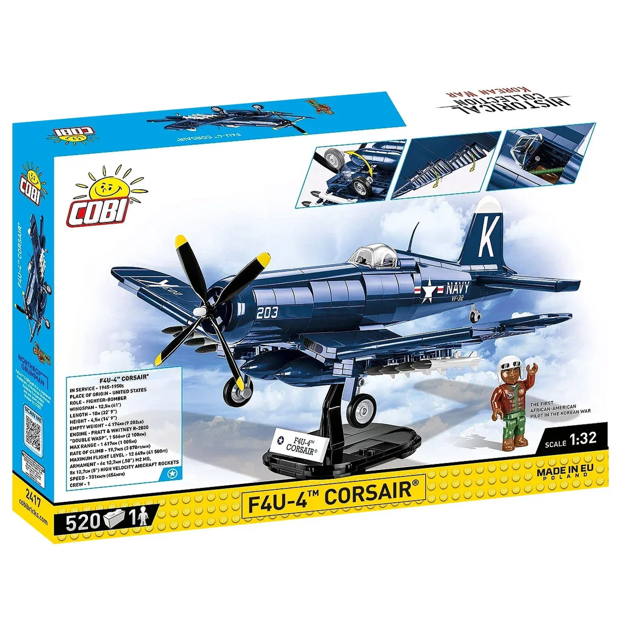COBI F4U-4 Corsair Modellbausatz mit Flugzeug und Pilot auf Displayständer
