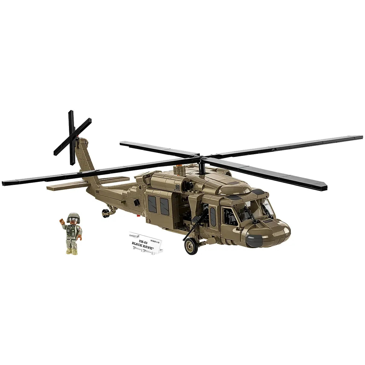 Modell eines UH-60 Black Hawk Hubschraubers mit einer Minifigur und einem Namensschild