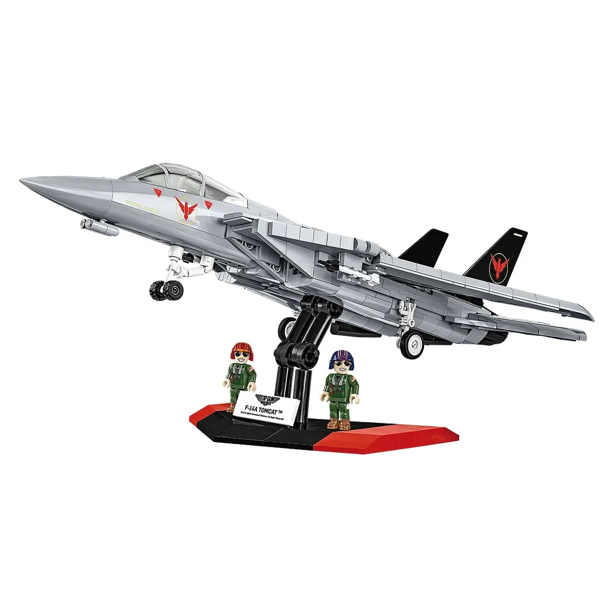 Graues F-14A Tomcat Modellflugzeug mit zwei Pilotenfiguren auf einem roten und schwarzen Ständer