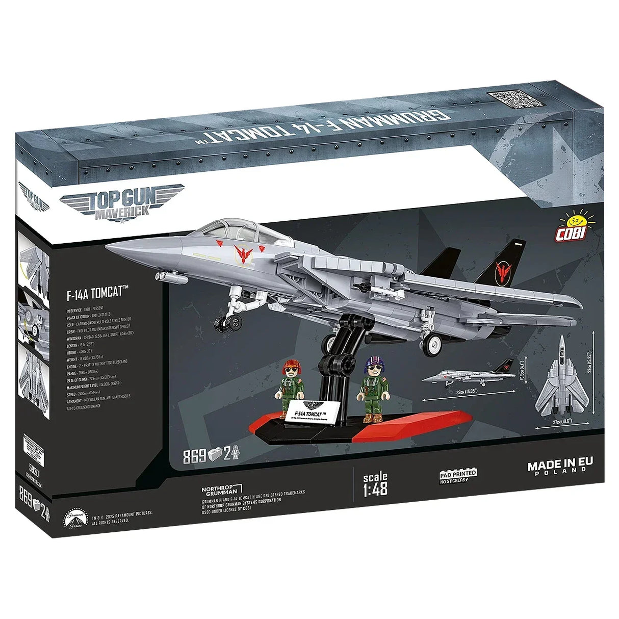 COBI Top Gun Maverick F-14A Tomcat Bausatz auf Displayständer mit zwei Pilotenfiguren