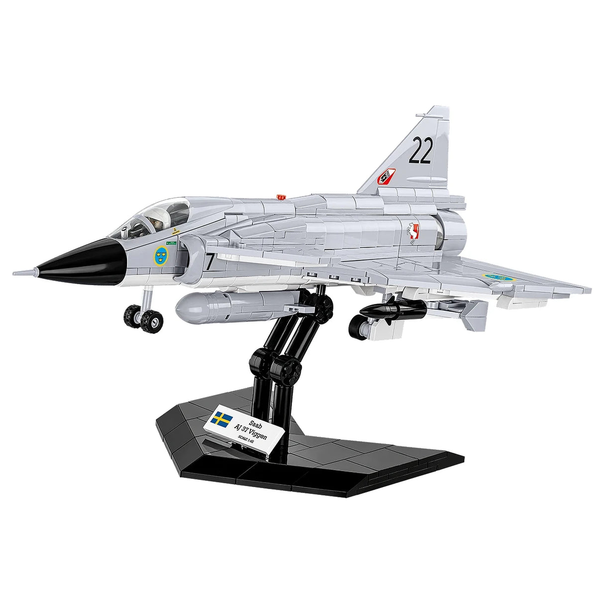 Graues Saab AJ 37 Viggen Modellflugzeug auf schwarzem Ständer