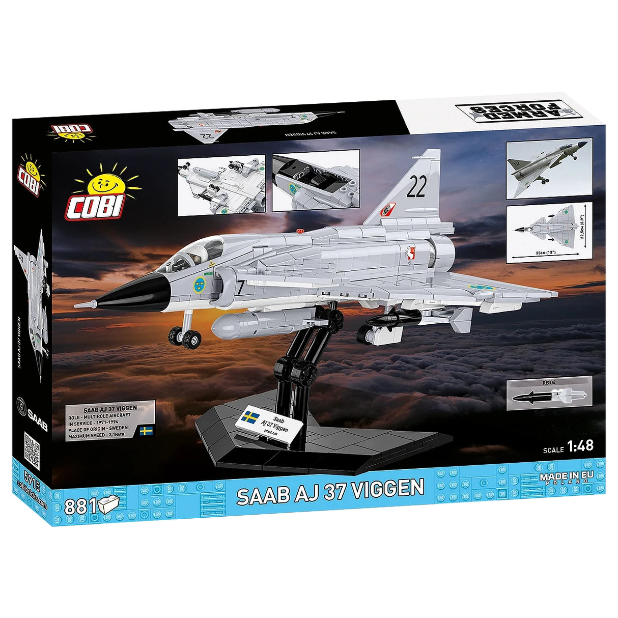 COBI Saab AJ 37 Viggen Modellbausatz auf Ständer vor Wolkenhimmel