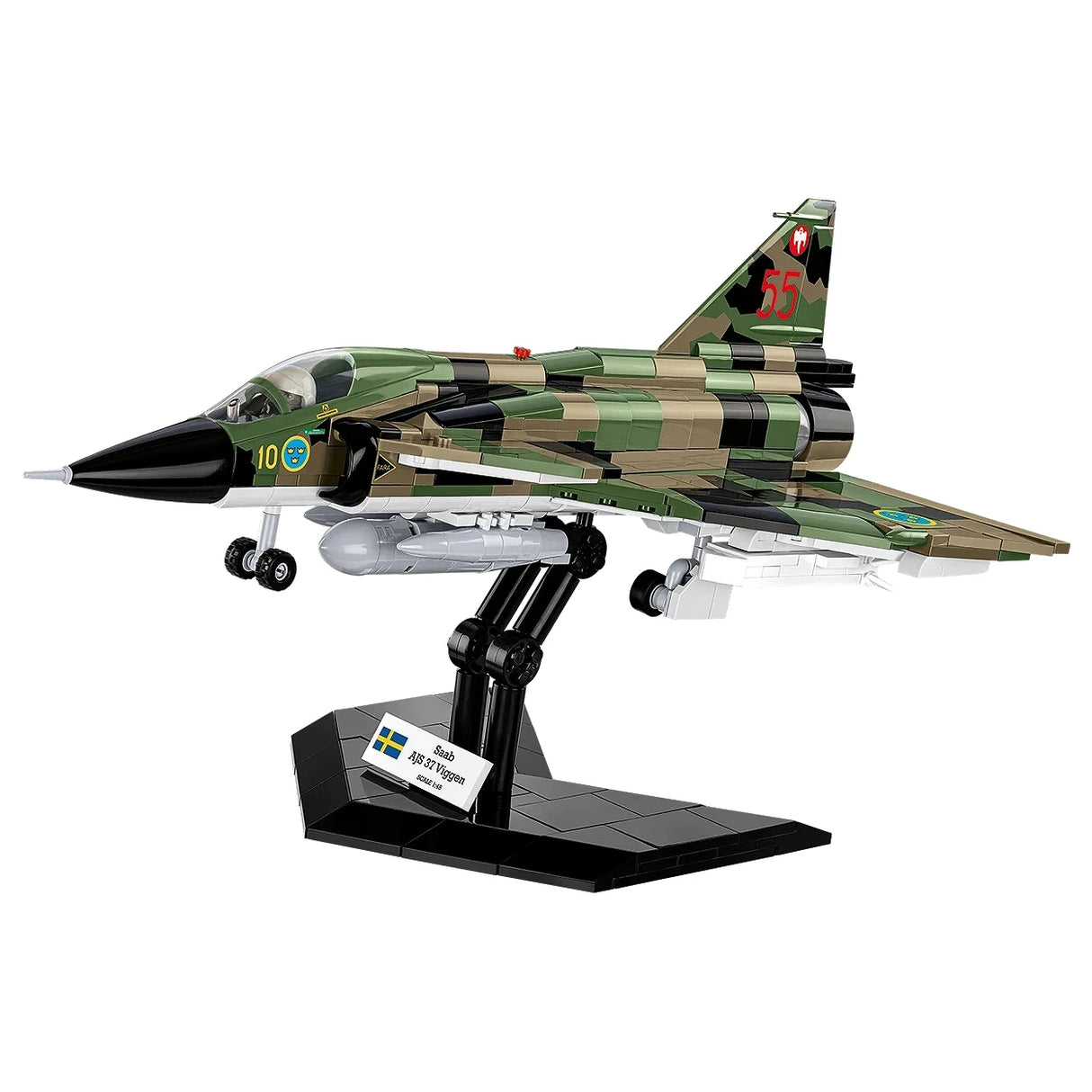 Modell eines Saab AJS 37 Viggen Kampfflugzeugs in Tarnfarben auf einem schwarzen Ständer
