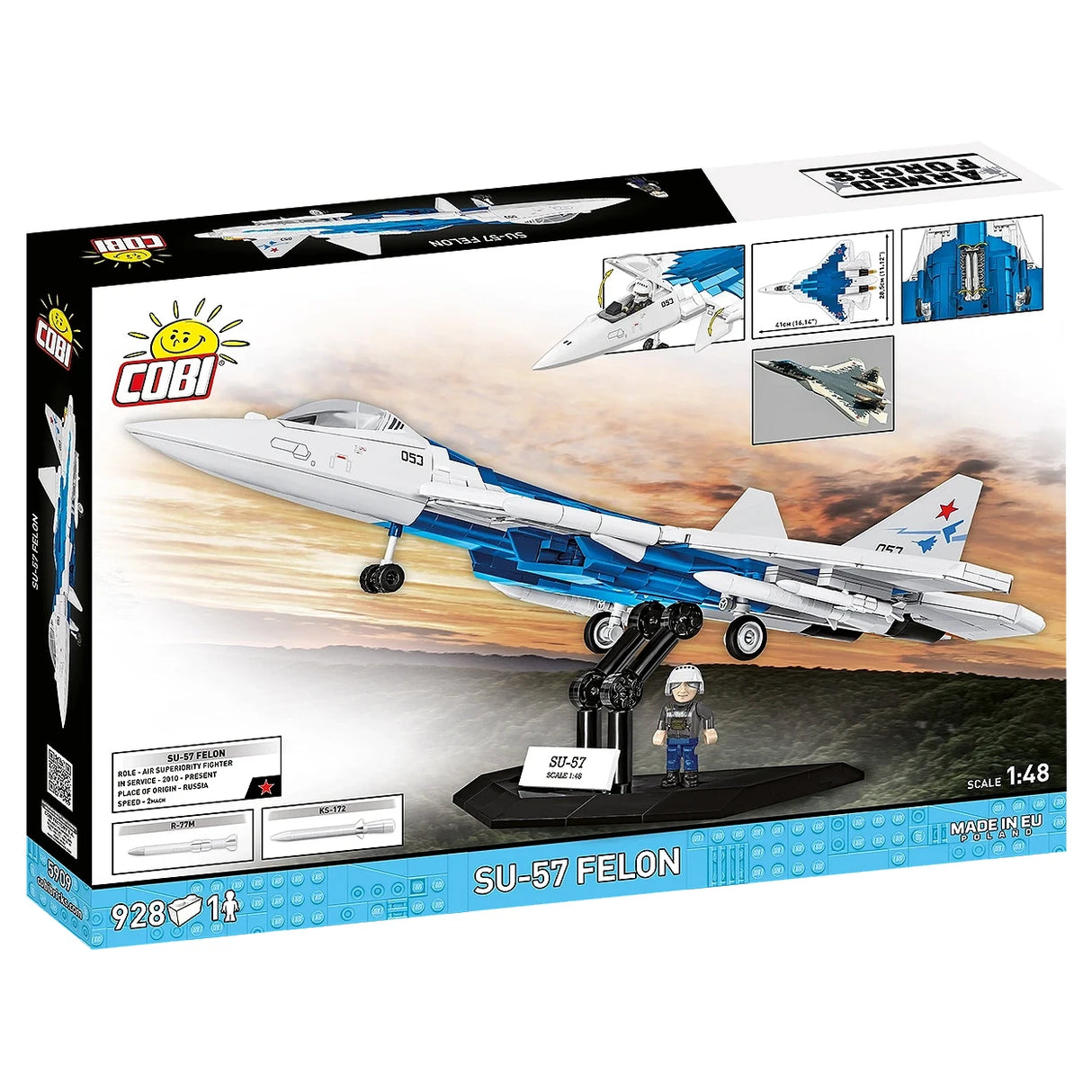 COBI SU-57 Felon Bausatzbox mit Modellflugzeug und Pilot auf Ständer