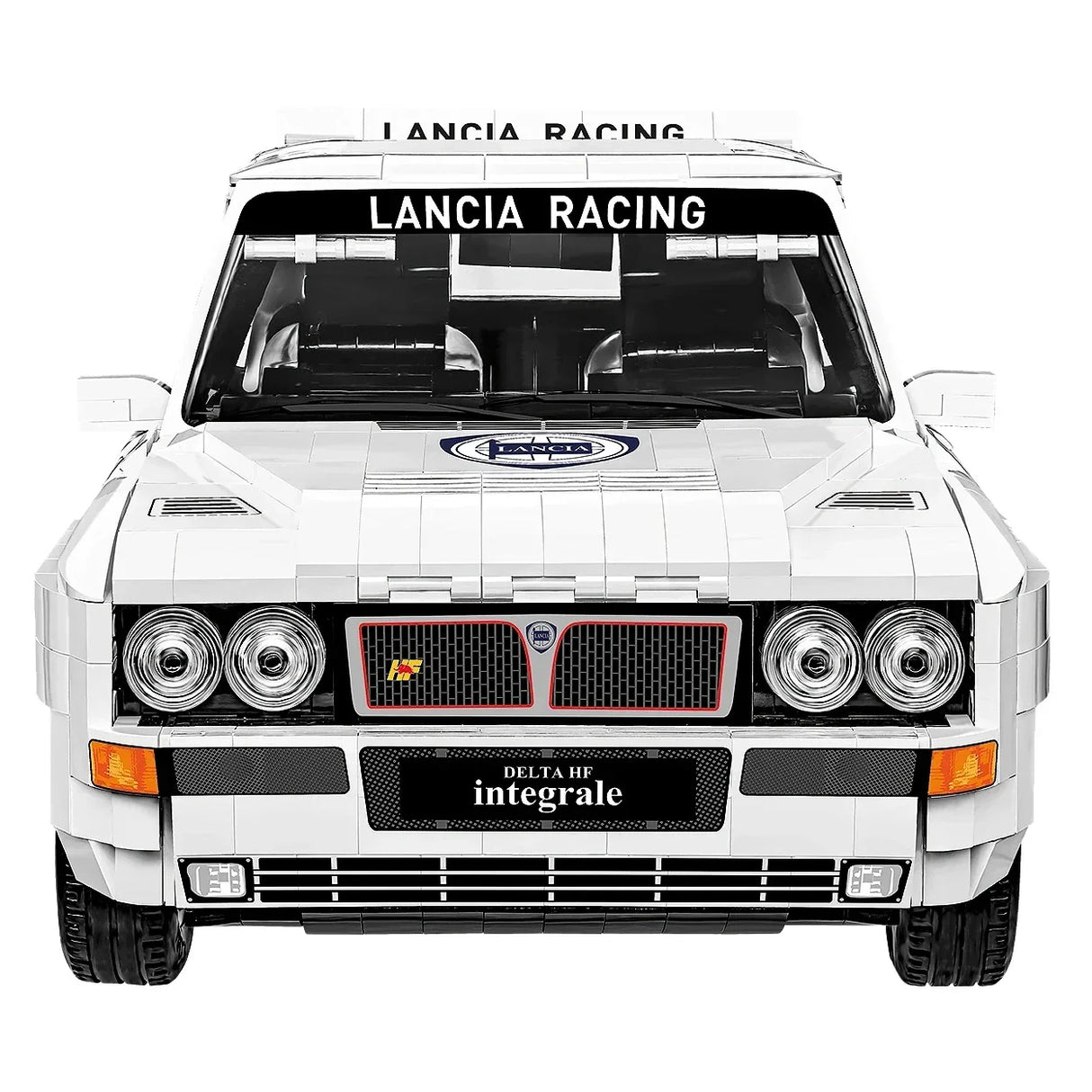 Vorderansicht eines weißen Lancia Delta HF Integrale Spielzeugautos
