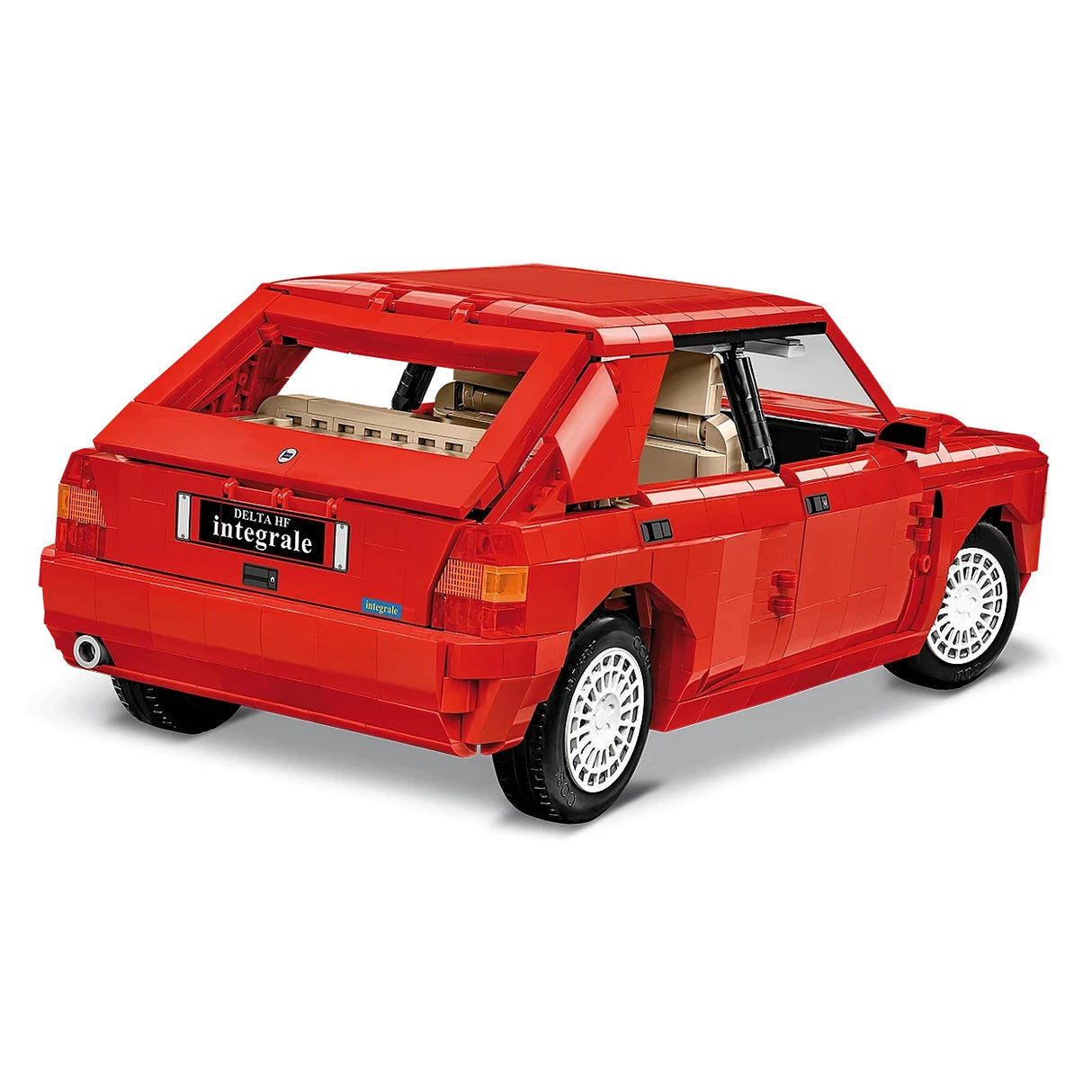 Rotes Spielzeugauto aus Bausteinen, Modell Lancia Delta HF Integrale, Heckansicht