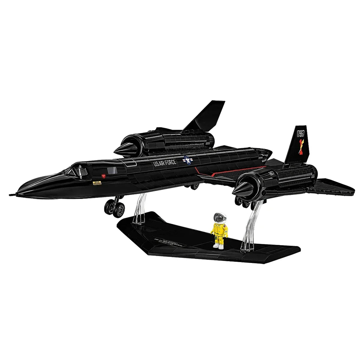 Modell eines schwarzen SR-71 Blackbird Flugzeugs mit US Air Force Logo und einer Astronautenfigur