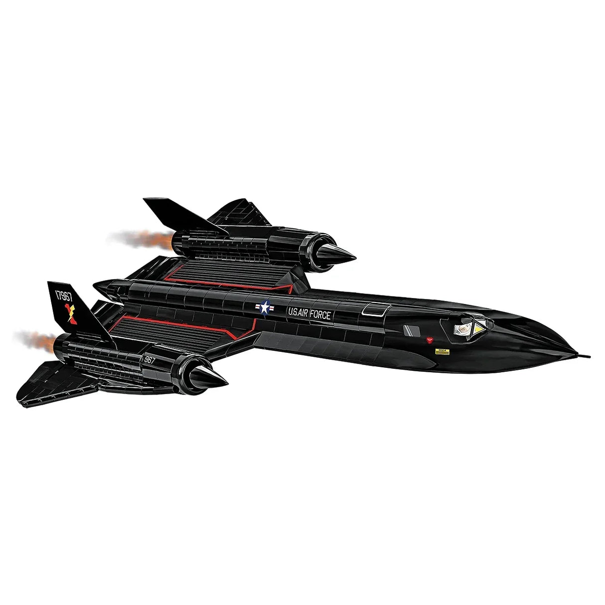 Schwarzes SR-71 Blackbird Flugzeug mit roten Streifen und US Air Force Logo
