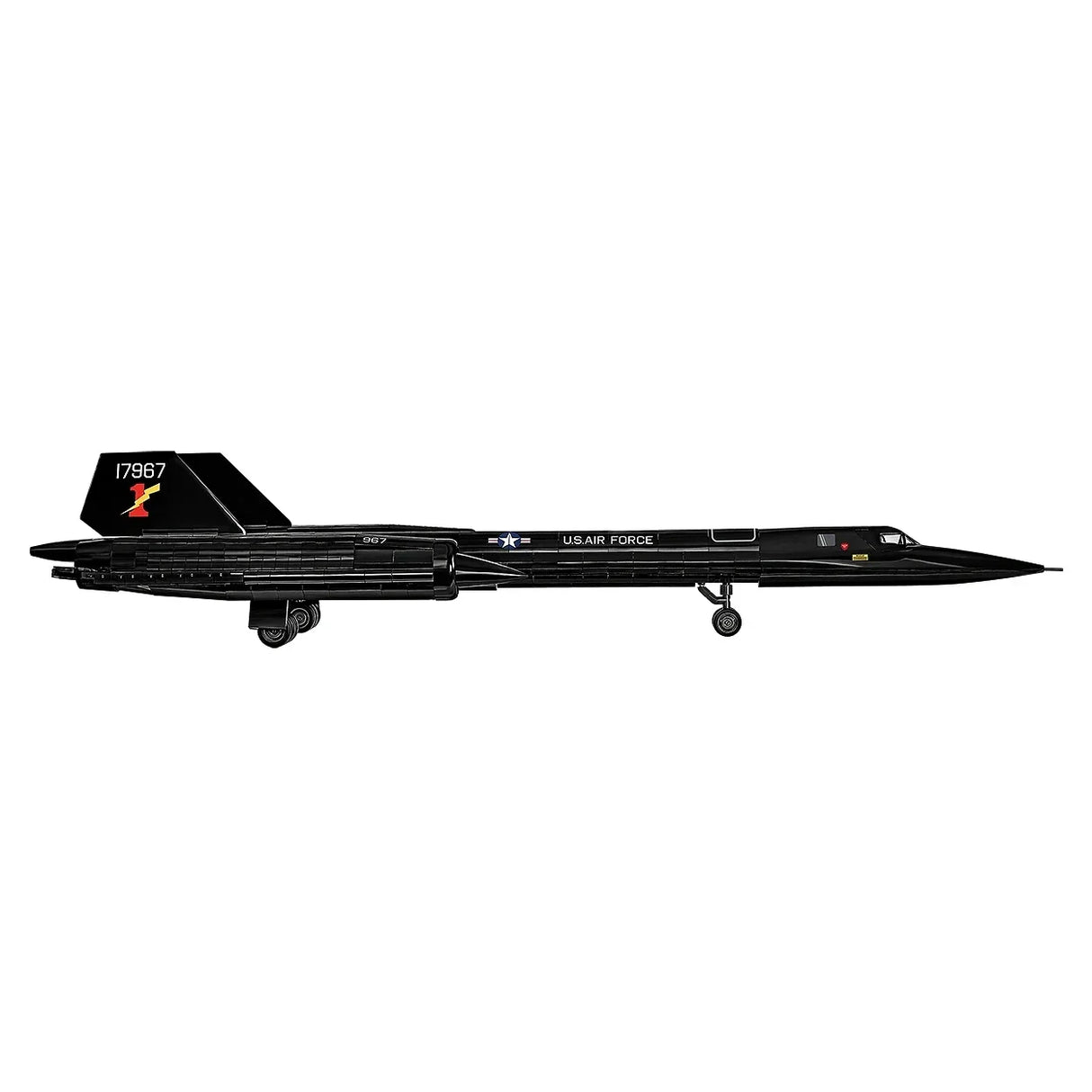 Schwarzes SR-71 Blackbird Flugzeug mit US Air Force Logo und der Nummer 17967 auf dem Heck